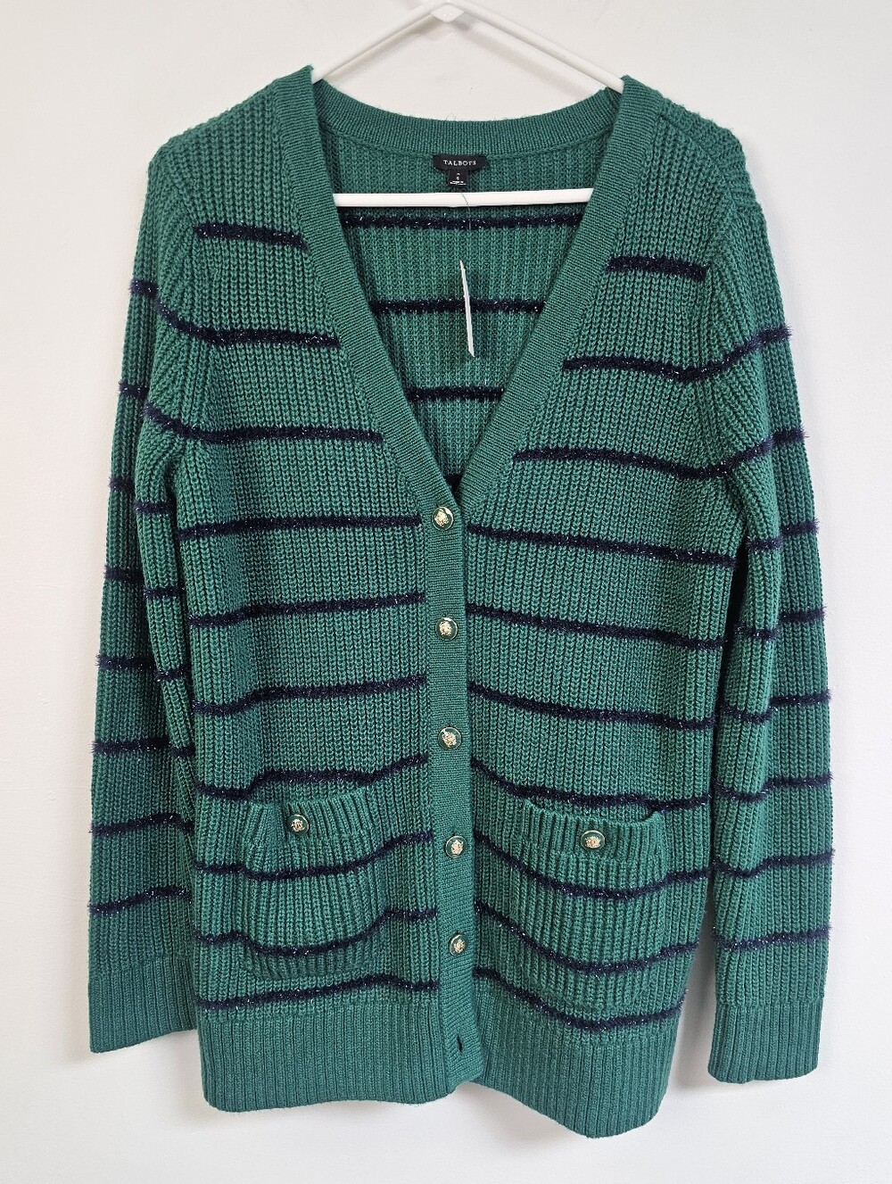 Talbots Striped Long Button-Down Knit Crest Buttons Sweater